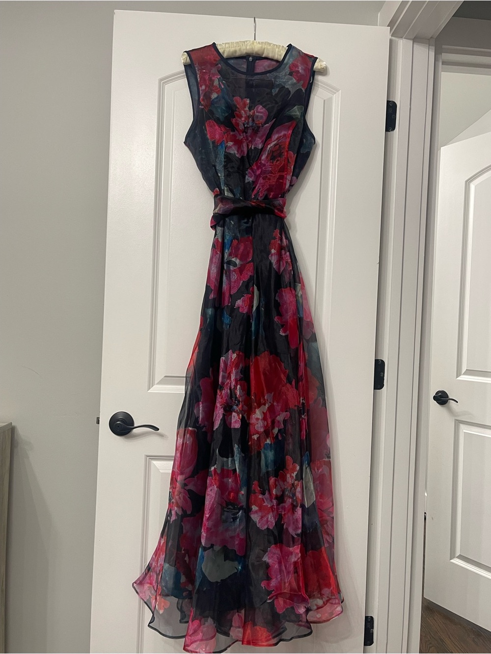 Eliza J. Floral Blue and Red Organza Wide Leg Jumpsuit Size 14 Quiet Luxury Y2k - Picture 3 of 15